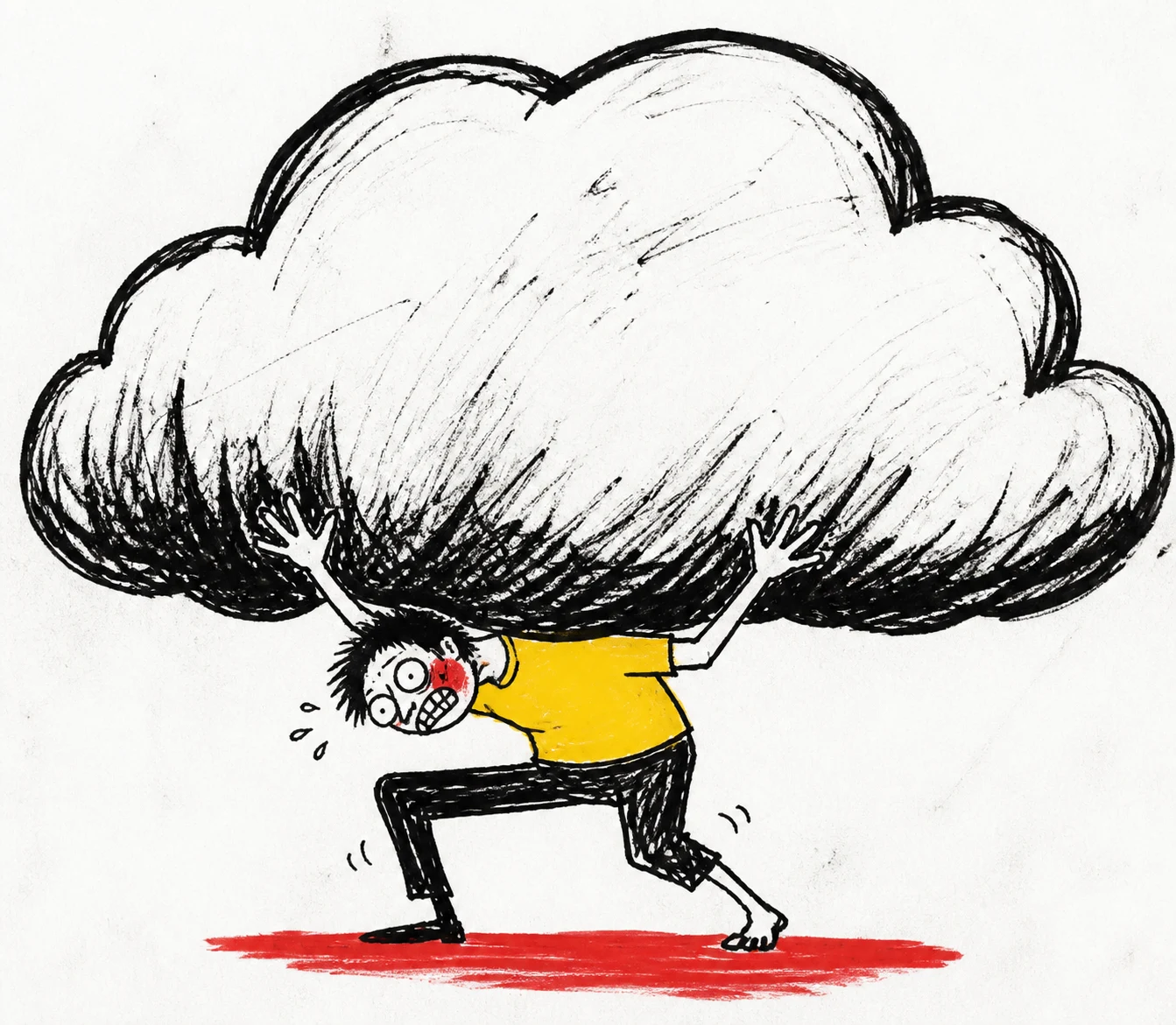 어색한 자세로 거대한 구름을 들어 올리는 사람의 거친 손그림