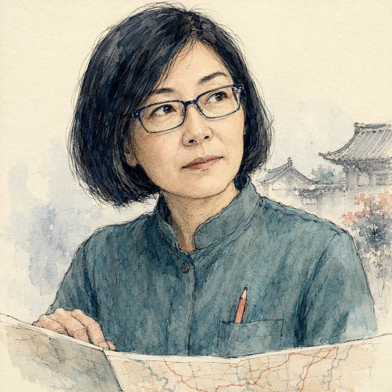 단발머리와 네모난 남색 안경, 청록색 작업 셔츠를 펜과 수채로 그린 가상 작가 네리 베일의 초상