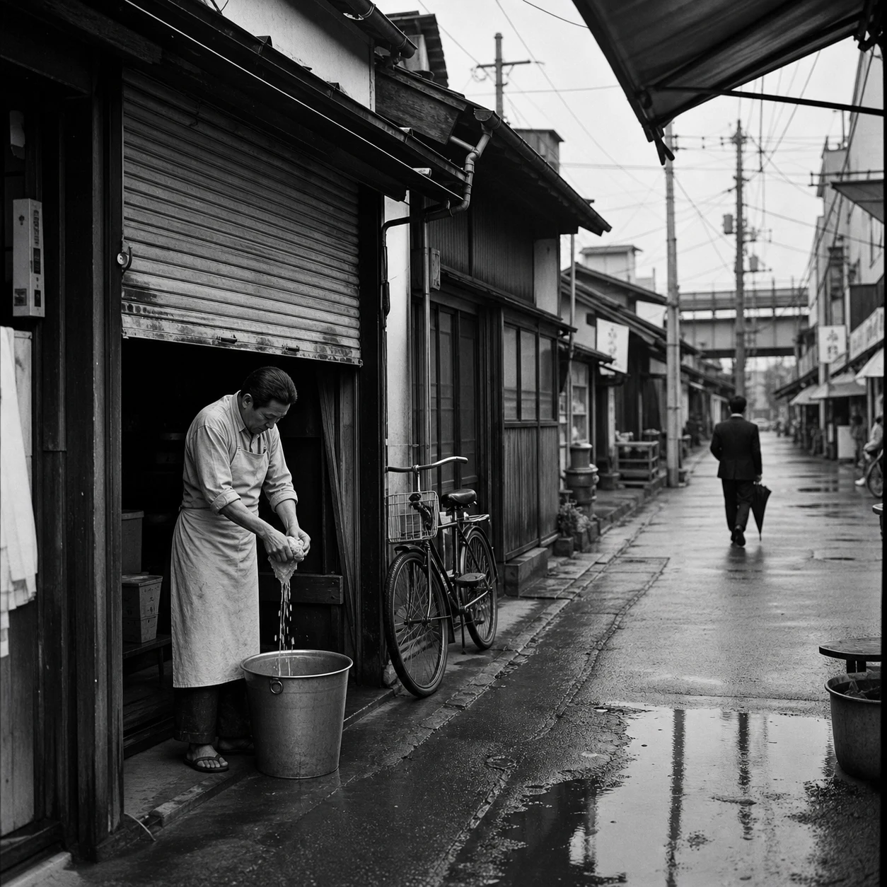1972년 무렵 일본 상점가를 배경으로 행주를 짜는 상인과 우산을 접고 걷는 행인을 담은 흑백 AI 생성 사진
