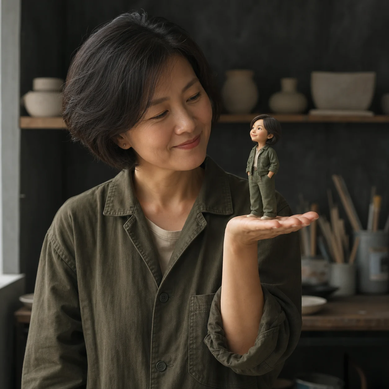 한국인 여성 도예가가 자신의 모습을 닮은 작은 3D 캐릭터를 손바닥에 올린 초상