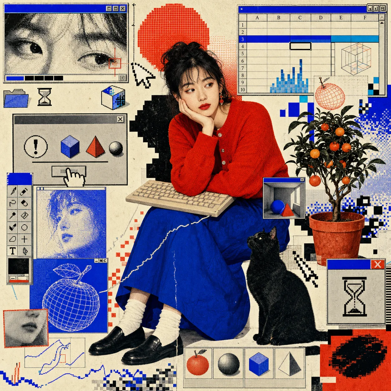 초기 컴퓨터 창, 스프레드시트, 픽셀 아이콘으로 둘러싸인 여성과 검은 고양이, 오렌지나무