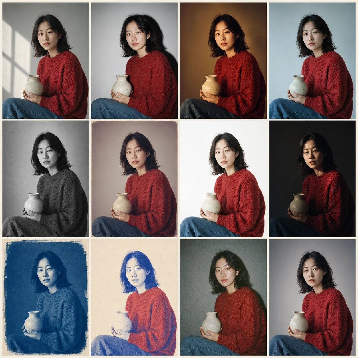 붉은 니트를 입고 도자기를 든 여성 도예가를 열두 가지 사진과 인쇄 방식으로 비교한 접촉 인화지